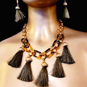 Vintage Avon Tortoise Shell Multi-Stone Green Silk Tassel Necklace/Earrings Set
